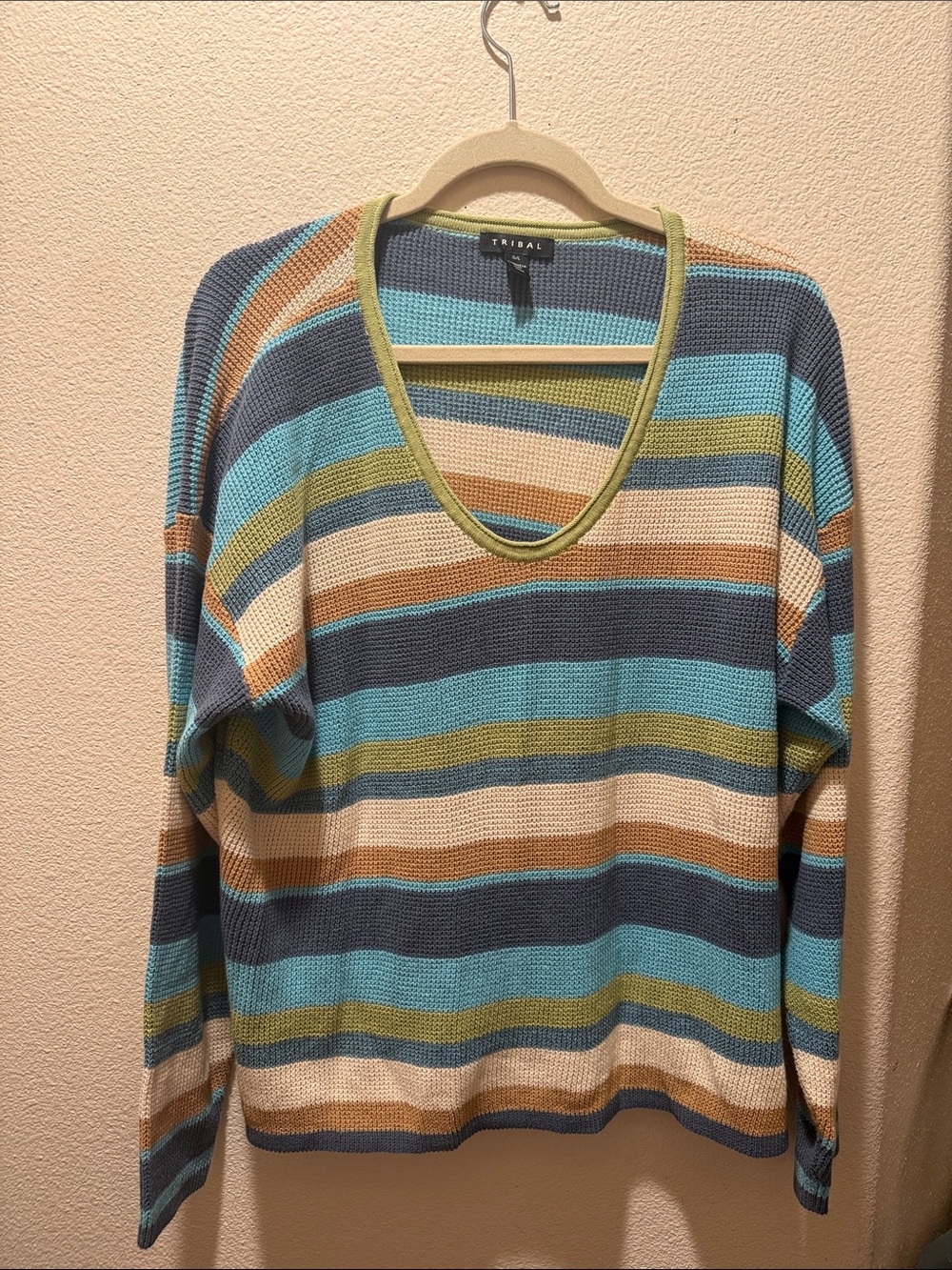 Tribal Striped Knit Sweater - Blue, Teal, Olive, Tan, Cream